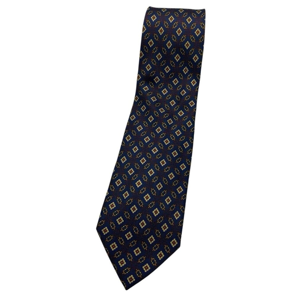 ZANOLINI Men's 100% Silk Necktie LUXURY Tie Navy Beige Geometric W:3.7" EUC